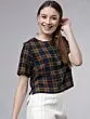 Women Navy Blue & Mustard Yellow Checked Boxy Top