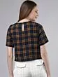 Women Navy Blue & Mustard Yellow Checked Boxy Top