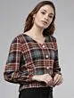 Women Burgundy & Turquoise Blue Checked Shirt Style Top