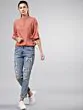 Women Peach-Coloured Solid Blouson Top