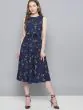 Women Navy Blue Printed Fit and Flare Dress