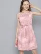 Women White & Pink Checked Fit and Flare Dress