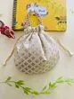 Women Beige Chikan Embroidered Sequence Potli Bag