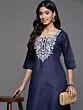 Women Embroidered Cotton Blend Straight Kurta (Blue)