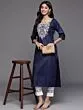 Women Embroidered Cotton Blend Straight Kurta (Blue)