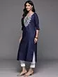 Women Embroidered Cotton Blend Straight Kurta (Blue)