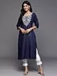 Women Embroidered Cotton Blend Straight Kurta (Blue)