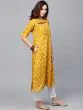 Mustard Yellow Printed Button Down A-Line Kurta