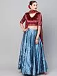 Blue Self Designed Kali Lehenga With Velvet Blouse And Dupatta