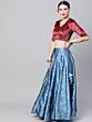 Blue Self Designed Kali Lehenga With Velvet Blouse And Dupatta