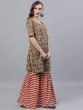 Green Kalamkari Floral Printed Kurta With Zig-Zag Sharara & Dupatta Set