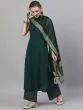 Green Solid Straight Kurta With Striped Palazzo & Dupatta Set