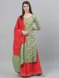 Green & Red Floral Printed With Gotta Patti Work Kurta Set