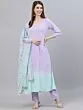 Lavender & Turquoise Blue Ombre Printed A-Line Kurta With Pant & Dupatta Set