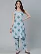 Blue & White Floral Printed Double Layered Kurta With Pant Set