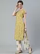 Yellow & Pink Floral Printed Straight Kurta Set With Dupatta