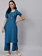 Royal Blue Solid Kurta Set With White Thread Work At Yoke Details