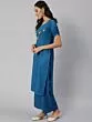 Royal Blue Solid Kurta Set With White Thread Work At Yoke Details
