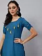 Royal Blue Solid Kurta Set With White Thread Work At Yoke Details