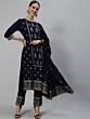 Navy Blue Gold Printed Straight Kurta & Pant With Dupatta Set
