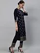 Navy Blue Gold Printed Straight Kurta & Pant With Dupatta Set