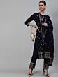 Navy Blue Gold Printed Straight Kurta & Pant With Dupatta Set