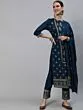 Blue Gold Printed Straight Kurta With Pant & Dupatta Set