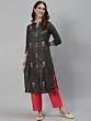 Grey Embroidered Straight Kurta With Solid Pant Set