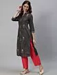 Grey Embroidered Straight Kurta With Solid Pant Set