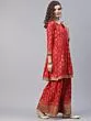 Red Gold Printed Gathered Kurta With Sharara