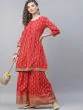 Red Gold Printed Gathered Kurta With Sharara