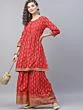 Red Gold Printed Gathered Kurta With Sharara