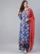 Blue & Red Floral Printed Straight Kurta & Palazzo With Dupatta
