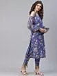 Blue & Red Floral Printed Straight Kurta Ballon Sleeve With Pant Set