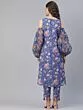 Blue & Red Floral Printed Straight Kurta Ballon Sleeve With Pant Set