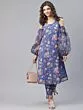 Blue & Red Floral Printed Straight Kurta Ballon Sleeve With Pant Set