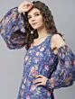 Blue & Red Floral Printed Straight Kurta Ballon Sleeve With Pant Set