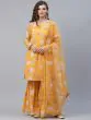 Yellow & White Floral Printed Off-Shoulder Straight Kurta & Sharara With Organza Dupatta