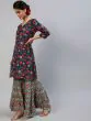 Blue & Red Floral Printed KurtaWith Sharara With Dupatta Set