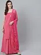 Pink Gold Zari Work Woven Design Kurta & Flared Palazzo With Dupatta