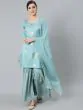 Blue Gold Foil Printed Straight Kurta With Sharara With Dupatta Set