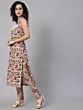 Cream Floral Print Kurta Pant With Feather Lace Details