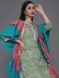 Green & Pink Floral Printed Kurta & Palazzo With Ruffle Dupatta