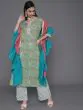 Green & Pink Floral Printed Kurta & Palazzo With Ruffle Dupatta
