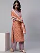 Orange & Grey Printed Straight Kurta & Palazzo With Dupatta Set