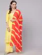 Yellow & Red Placement Printed Kurta & Palazzo With Dupatta Set
