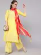 Yellow & Red Placement Printed Kurta & Palazzo With Dupatta Set