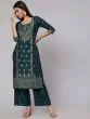 Teal Blue Gold Placement Printed Straight Kurta With Palazzo Set