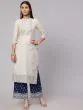 Cream & Blue Gold Placement Printed Straight Kurta With Palazzo Set