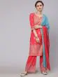 Red Placement Printed Straight Kurta & Palazzo With Dupatta Set